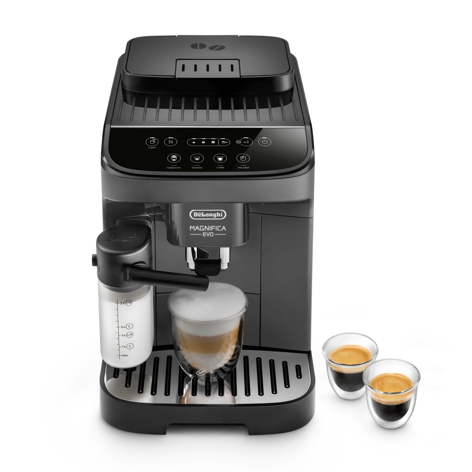 De'Longhi Magnifica Evo ECAM292.52.GB, Machine Automatique à Café en Grains, Broyeur Intégré, Panneau de Commande à Icônes Blanc et Noir, Technologie LatteCrema Hot, 1450W, Noire