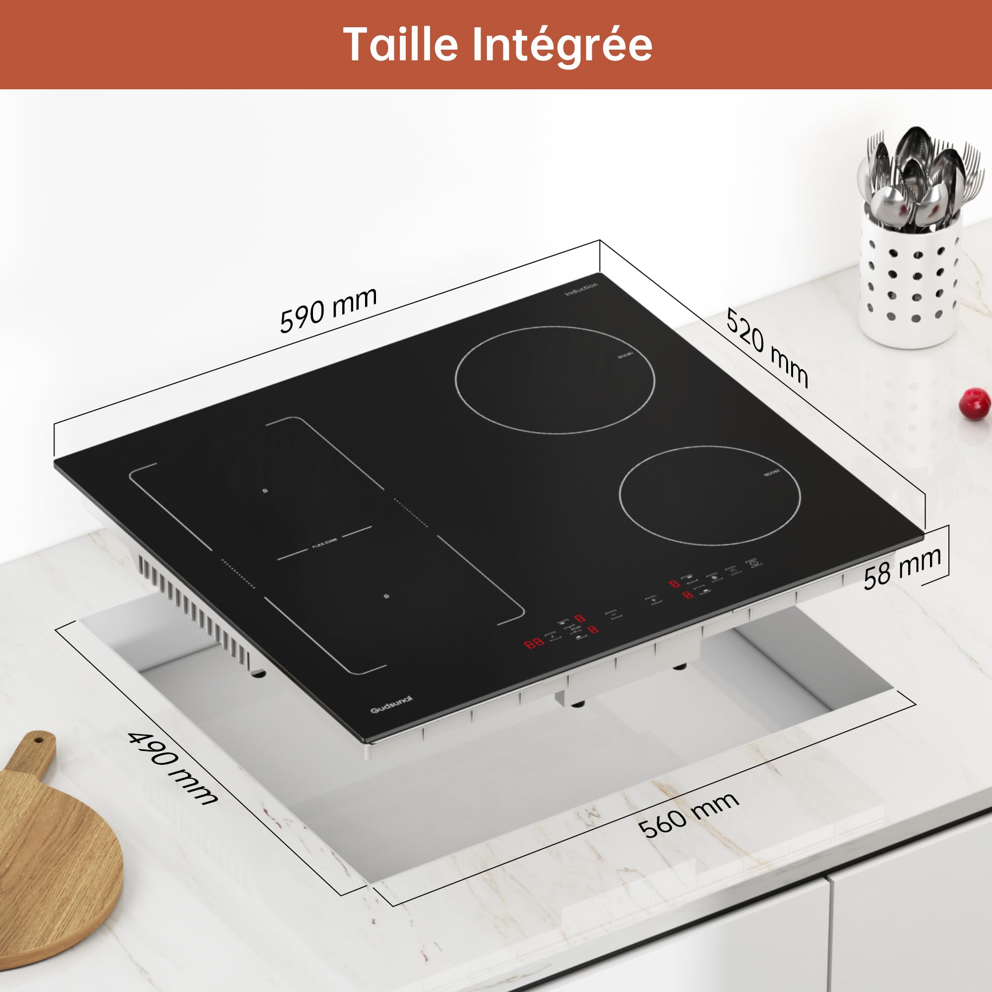 Gudsunal Plaque induction 4 feux, Table de Cuisson Encastrable,7200W, Zone Flexible,9 niveaux de chauffage,Boost, Minuterie, Arrêt automatique, Verrouillage de sécurité enfant