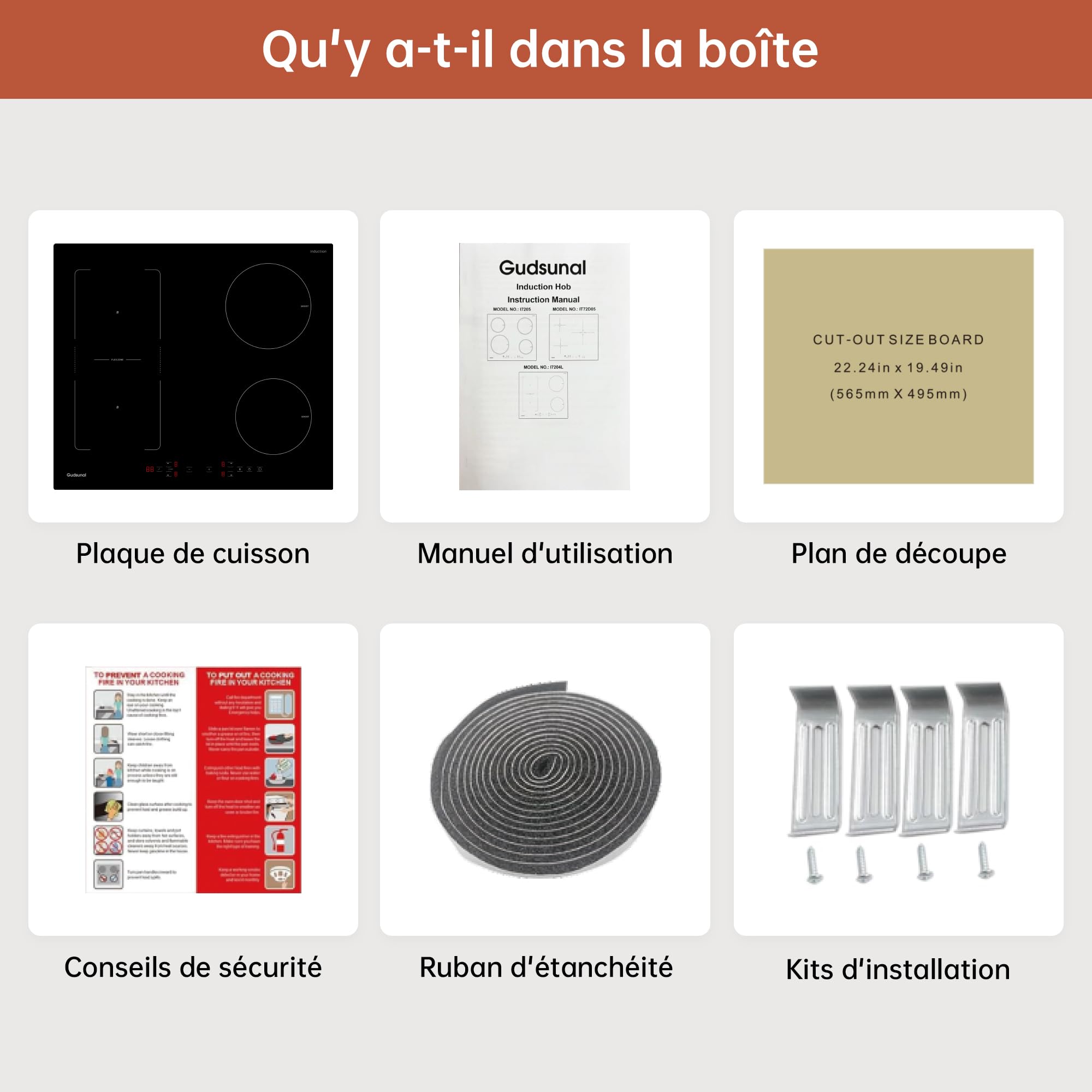 Gudsunal Plaque induction 4 feux, Table de Cuisson Encastrable,7200W, Zone Flexible,9 niveaux de chauffage,Boost, Minuterie, Arrêt automatique, Verrouillage de sécurité enfant