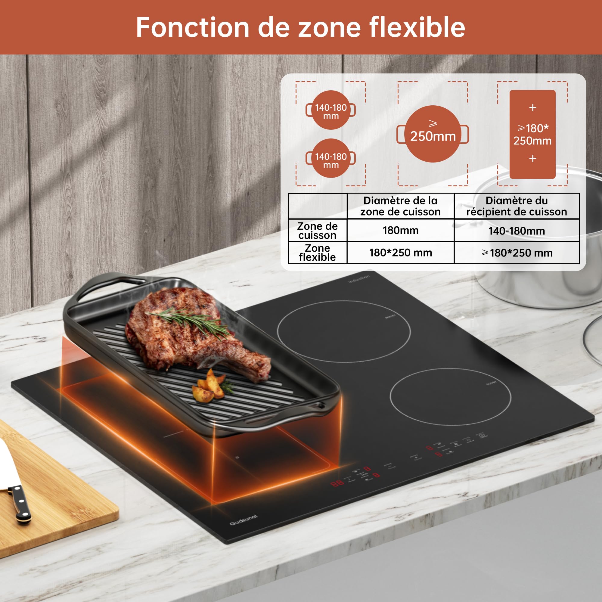 Gudsunal Plaque induction 4 feux, Table de Cuisson Encastrable,7200W, Zone Flexible,9 niveaux de chauffage,Boost, Minuterie, Arrêt automatique, Verrouillage de sécurité enfant