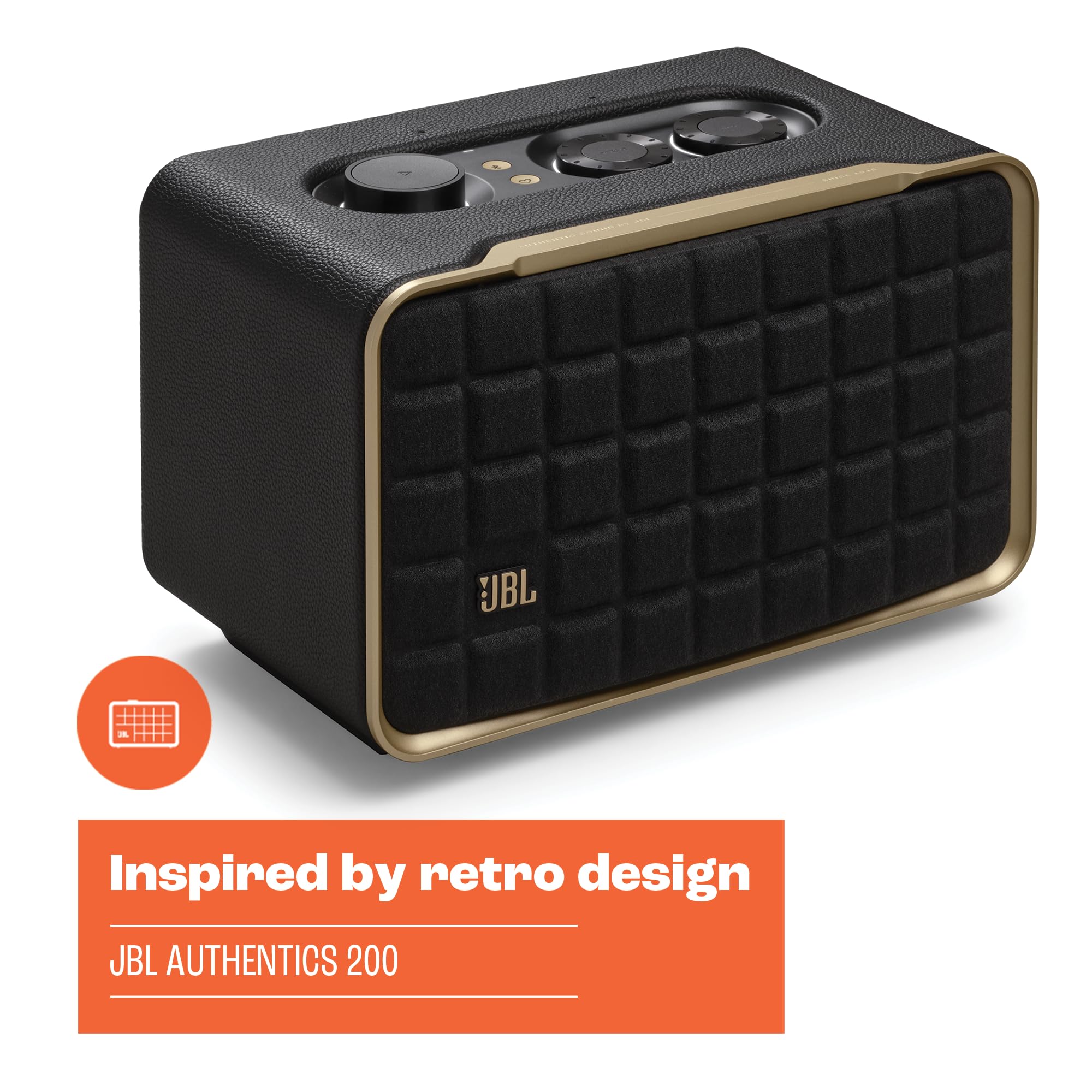 JBL Authentics 200 Enceinte Smart Home avec WiFi, Bluetooth et assistants vocaux, design rétro, noire