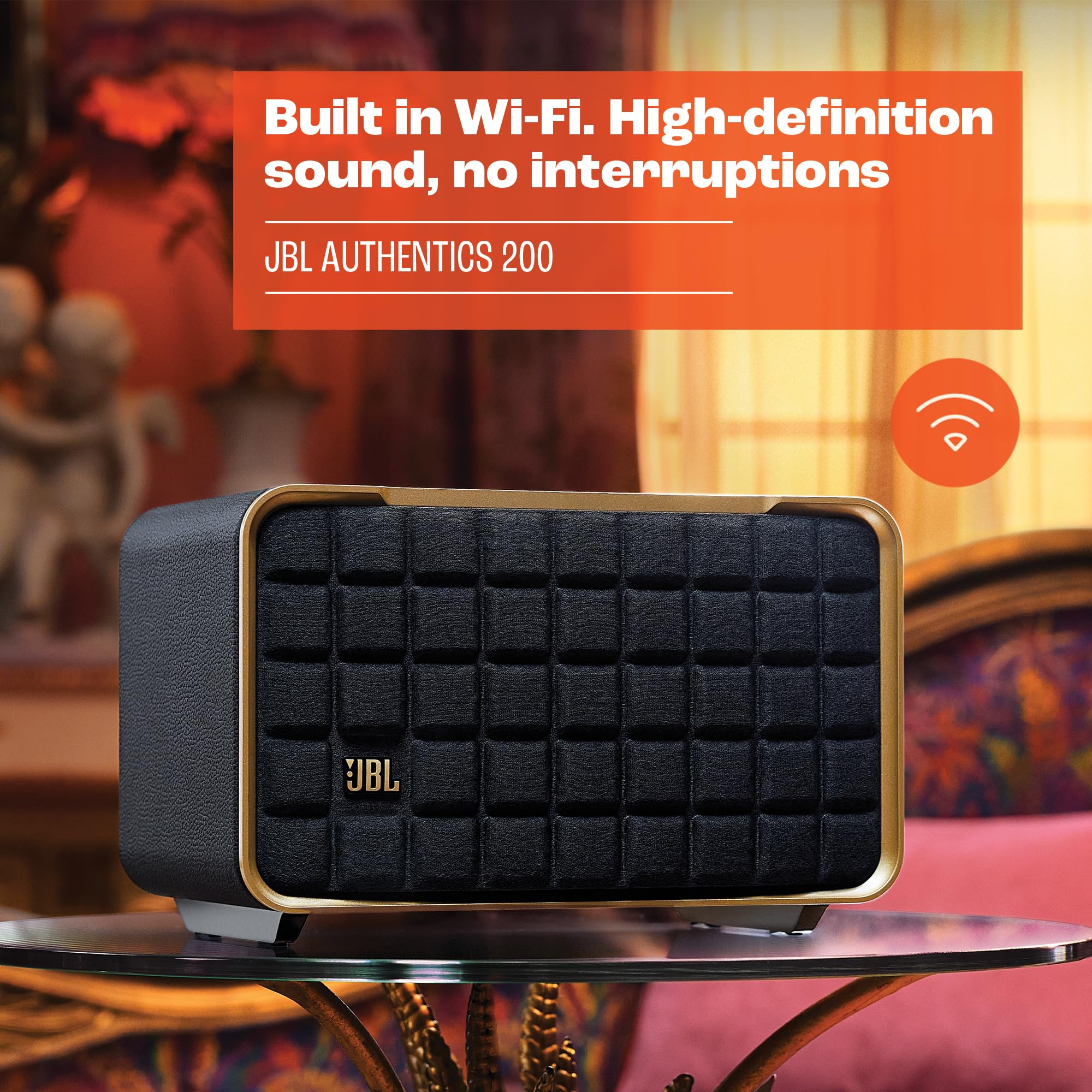 JBL Authentics 200 Enceinte Smart Home avec WiFi, Bluetooth et assistants vocaux, design rétro, noire