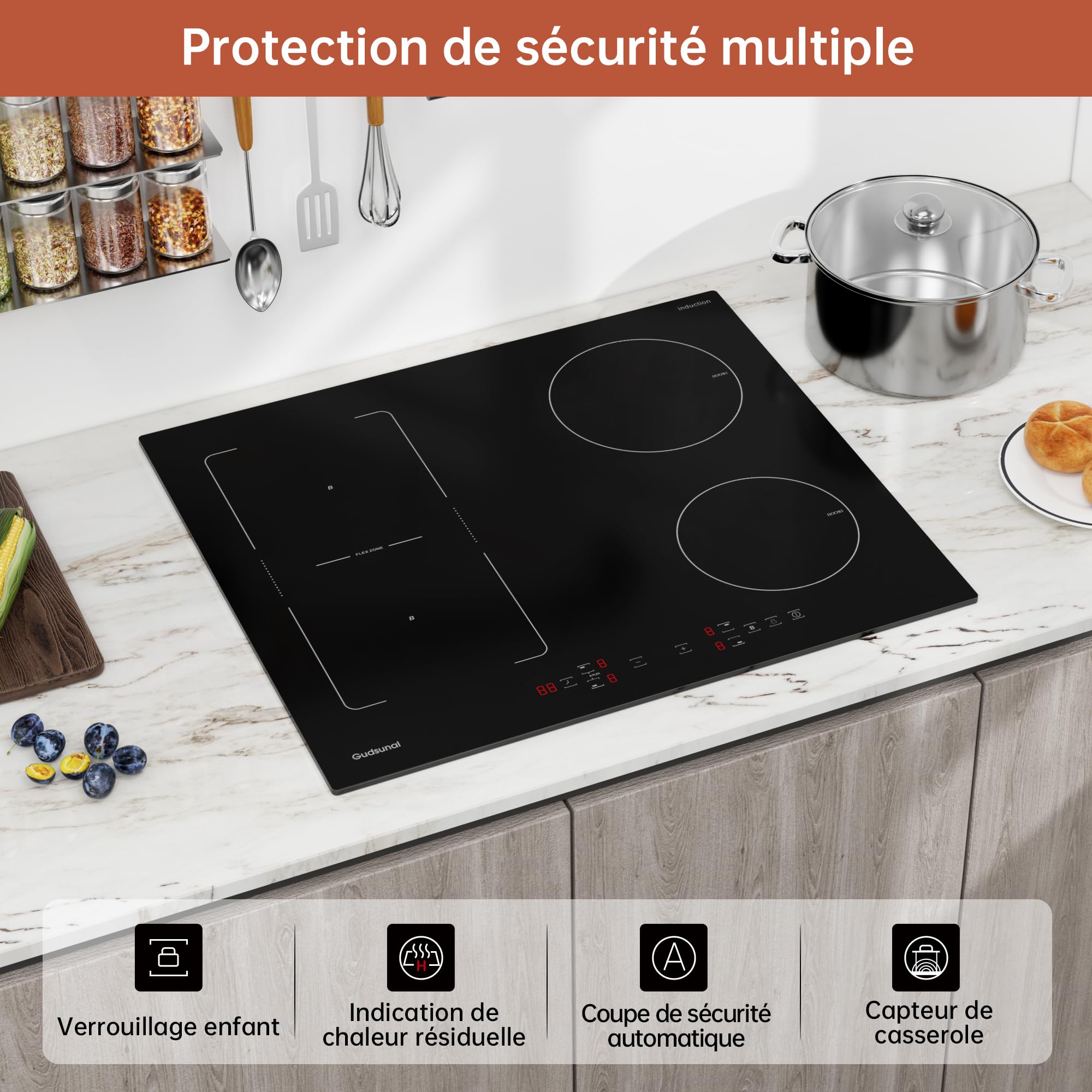 Gudsunal Plaque induction 4 feux, Table de Cuisson Encastrable,7200W, Zone Flexible,9 niveaux de chauffage,Boost, Minuterie, Arrêt automatique, Verrouillage de sécurité enfant