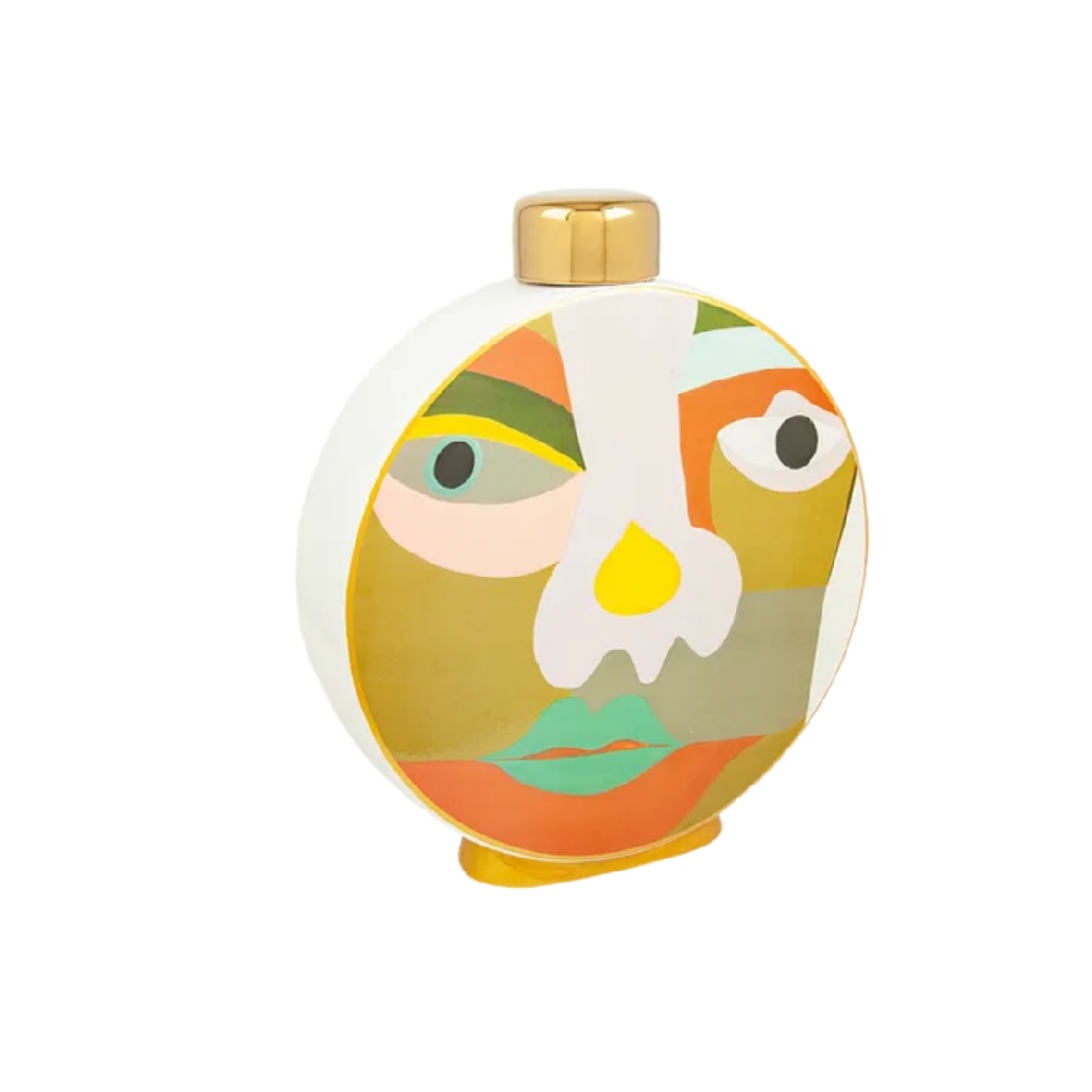 Vase Disque en Céramique avec Portrait Abstrait et Bouchon Doré - Style Art Moderne-artiweld