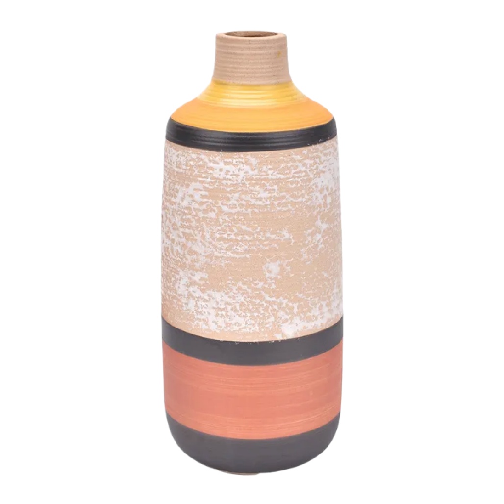 Vase Cylindrique en Céramique à Bandes Multicolores et Texture Sablée - Design Artisanal-artiweld