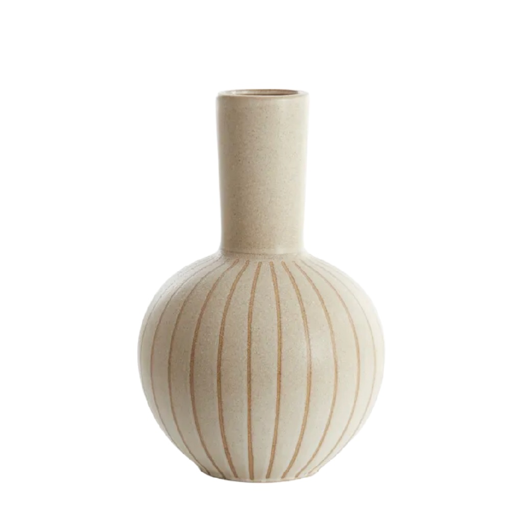 Vase à Long Col en Céramique Beige à Rainures Verticales - Style Organique Zen-artiweld