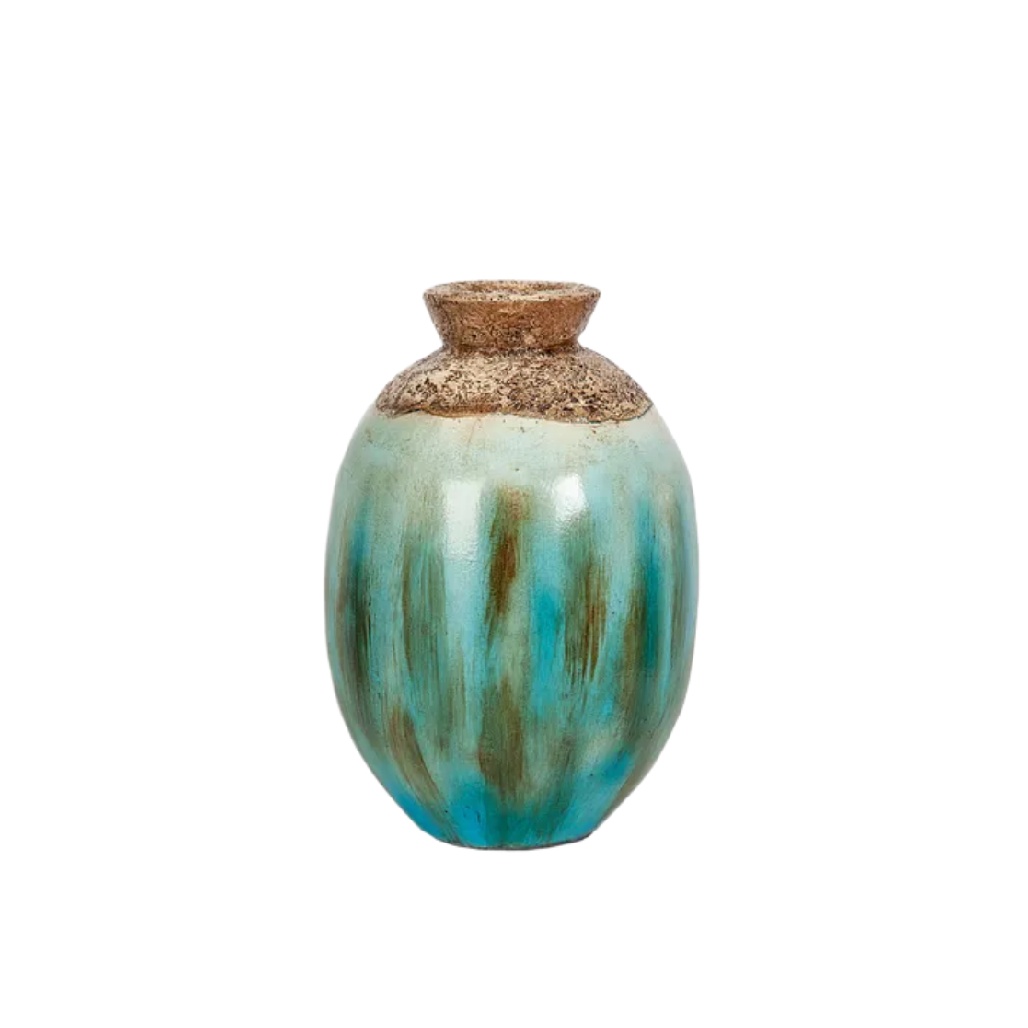 Vase Ovale en Céramique Turquoise à Épaule Texturée - Style Méditerranéen Artisanal-artiweld