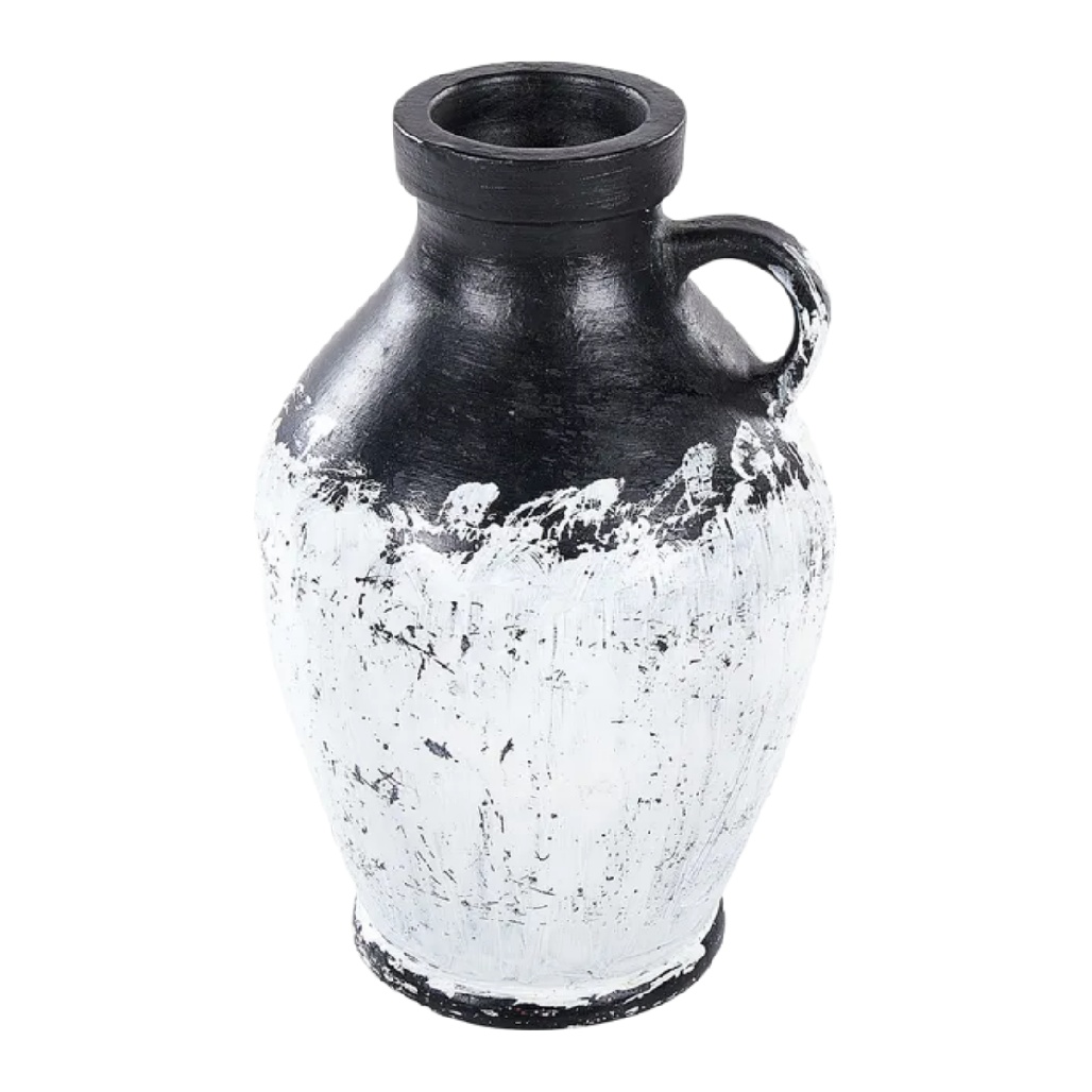 Vase Pichet en Céramique de Style Rustique - Finition Noir et Blanc Texturée-carveonix
