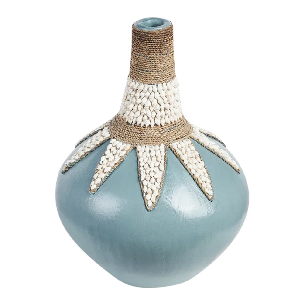 Vase Bulbe en Céramique Bleu Azur avec Coquillages et Corde - Style Bord de Mer Artisanal-carveonix