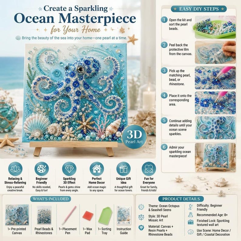 🌊Ocean Theme Pearl Art DIY Kit-Relaxing DIY Craft to Create Stunning Coastal Artwork