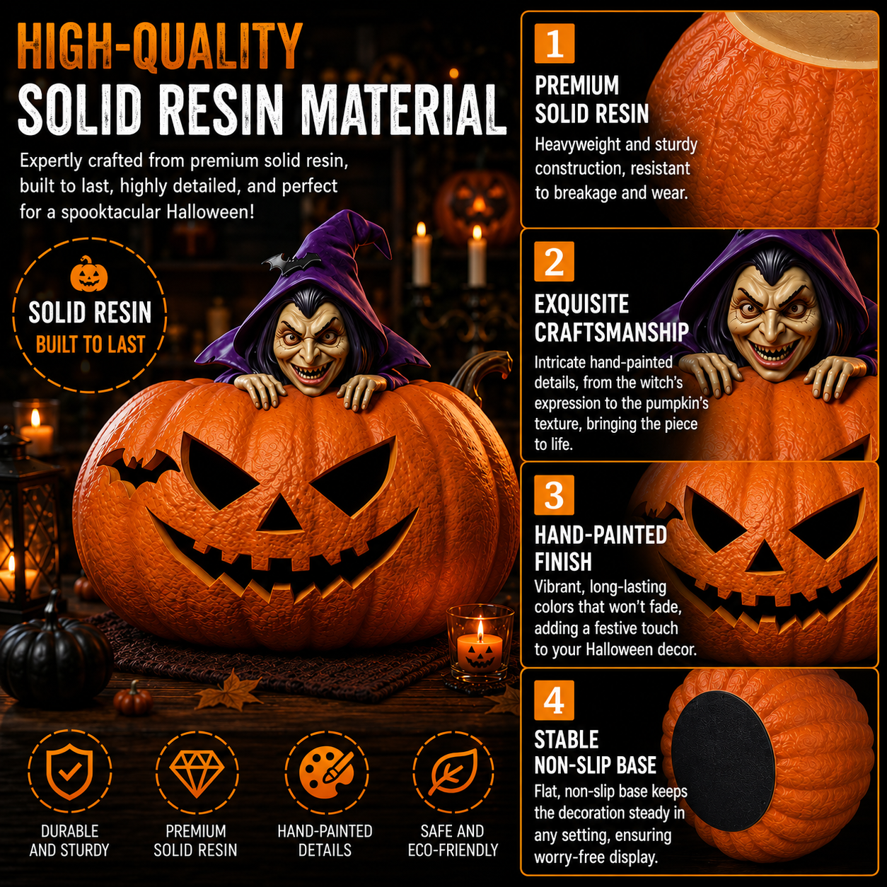 Halloween Witch In Jack O Lantern Resin Figurine, Spooky Witch Pumpkin Table Statue, Gothic Fall Mantel Decor