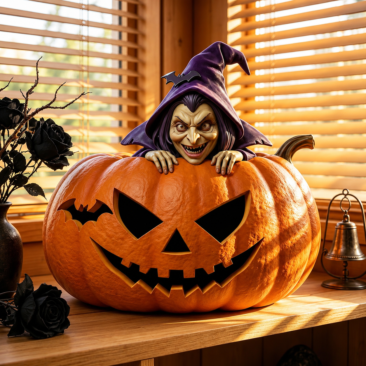 Halloween Witch In Jack O Lantern Resin Figurine, Spooky Witch Pumpkin Table Statue, Gothic Fall Mantel Decor