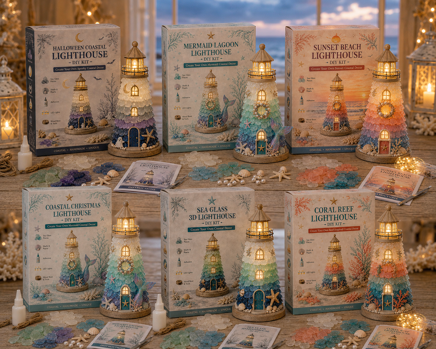 ⏳ Last Day 49% OFF – 🌊 Beginner-Friendly DIY Lighted Sea Glass-Style Lighthouse Kit Collection | Complete Kit with Sea Glass-Style Pieces, LED Lights & Step-by-Step Guide Included 💕