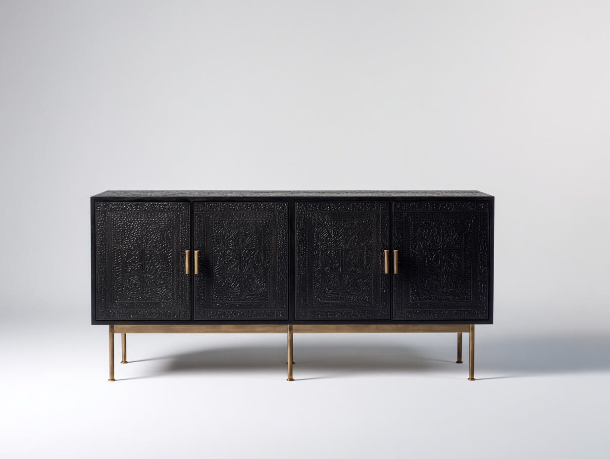Mueble recibidor de metal y madera 160x40x80cm - Negro y dorado - Diseño elegante-Pinemyloft