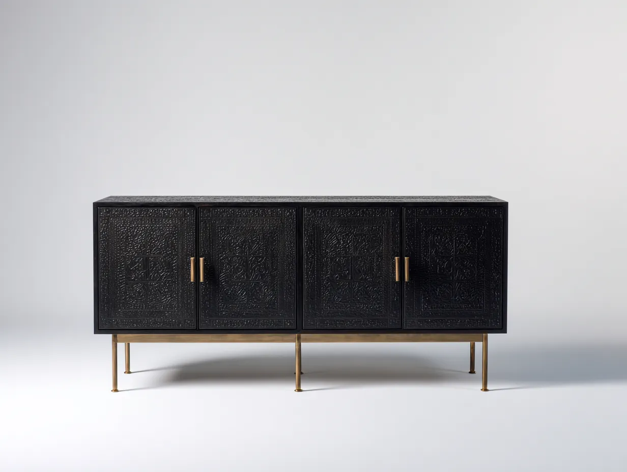 Mueble recibidor de metal y madera 160x40x80cm - Negro y dorado - Diseño elegante-Pinemyloft