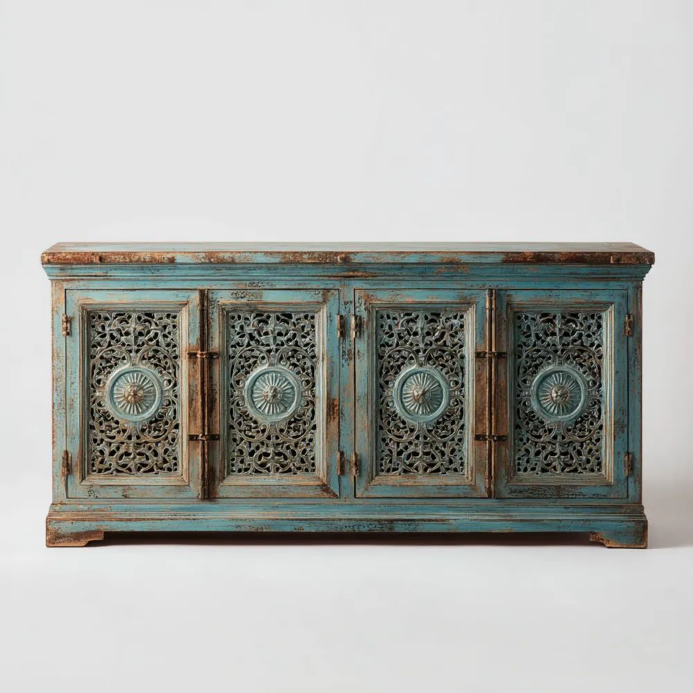 Buffet en bois sculpté 200x50x85 cm – Bleu Antique