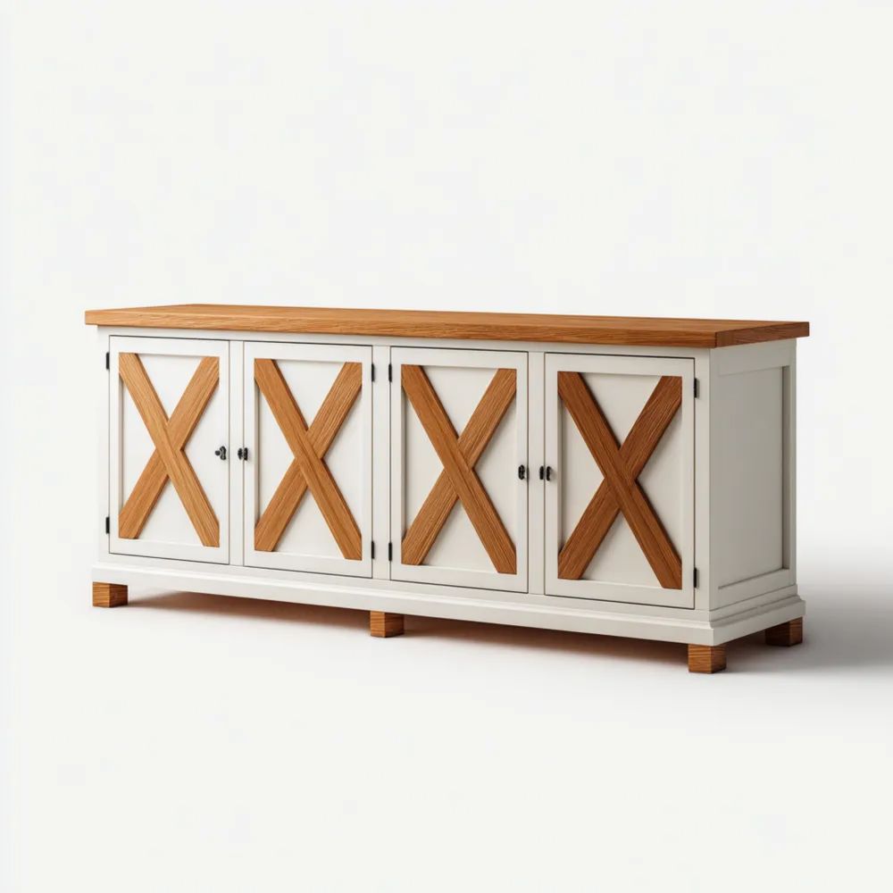 Buffet en bois 180x45x80 cm – Blanc/Chêne – Style Rustique