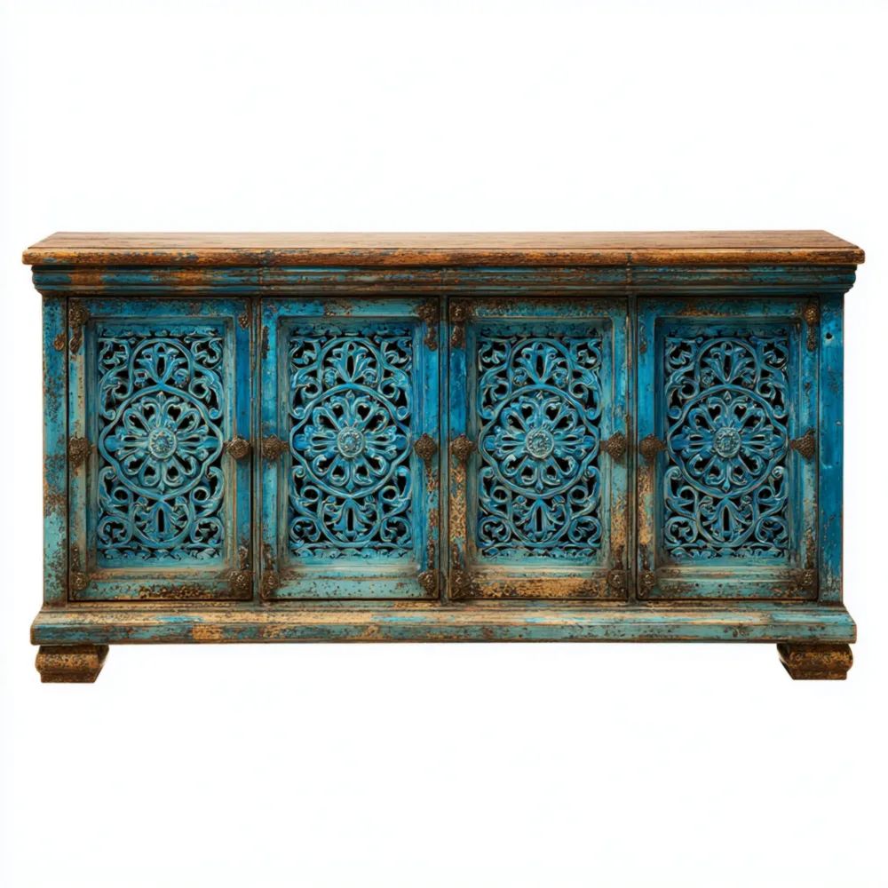 Buffet en bois sculpté 200x45x100 cm - Bleu Antique - Design Classique