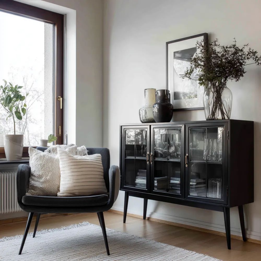 Buffet en bois Noir avec portes vitrées 120x90x40 cm - Design moderne