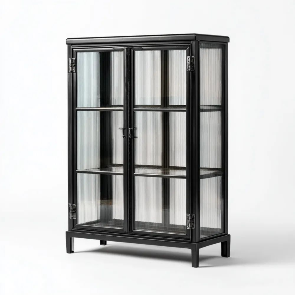 Armoire vitrée 100x40x150 cm Métal et Verre cannelé - Noir - Design moderne industriel