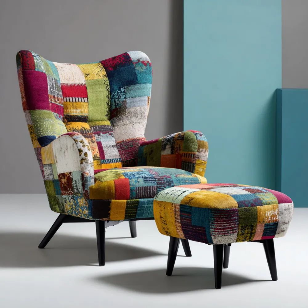Fauteuil de détente Patchwork velours 80x75x90 cm avec repose-pieds 55x40x35 cm - Multicolore - Design moderne