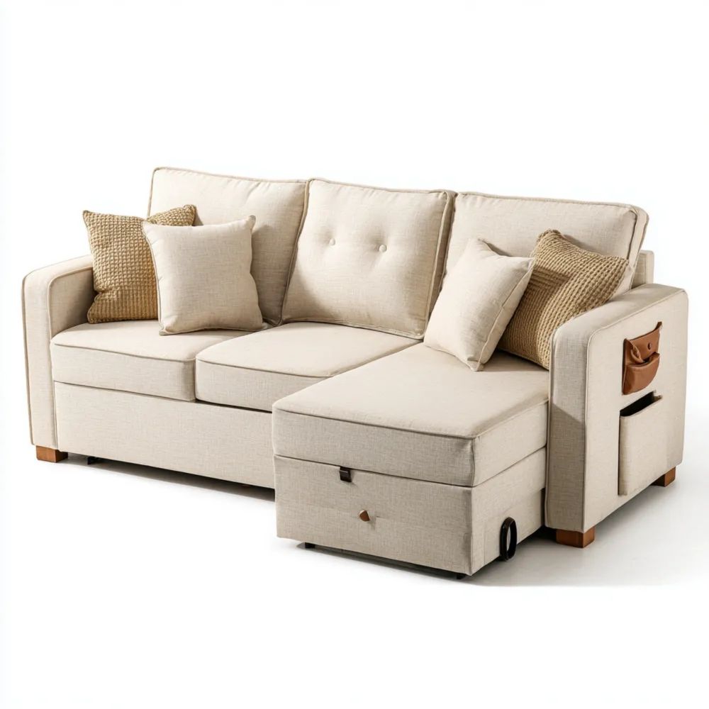 Canapé d'angle convertible tissu 200x140x85 cm - Beige - Multifonctionnel