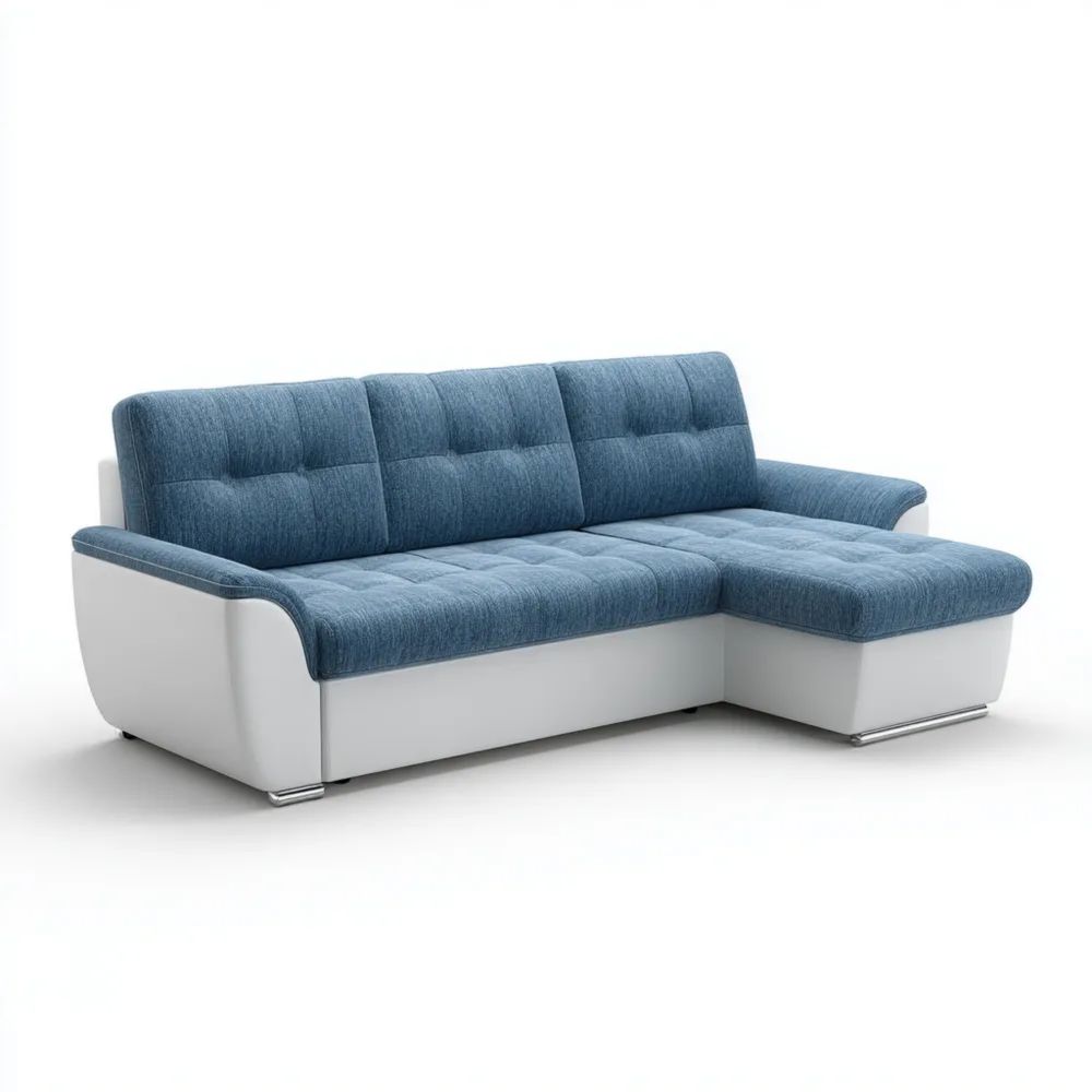 Canapé d'angle 250x160x90 cm en Tissu Bleu et Simili Cuir Blanc – Design Contemporain