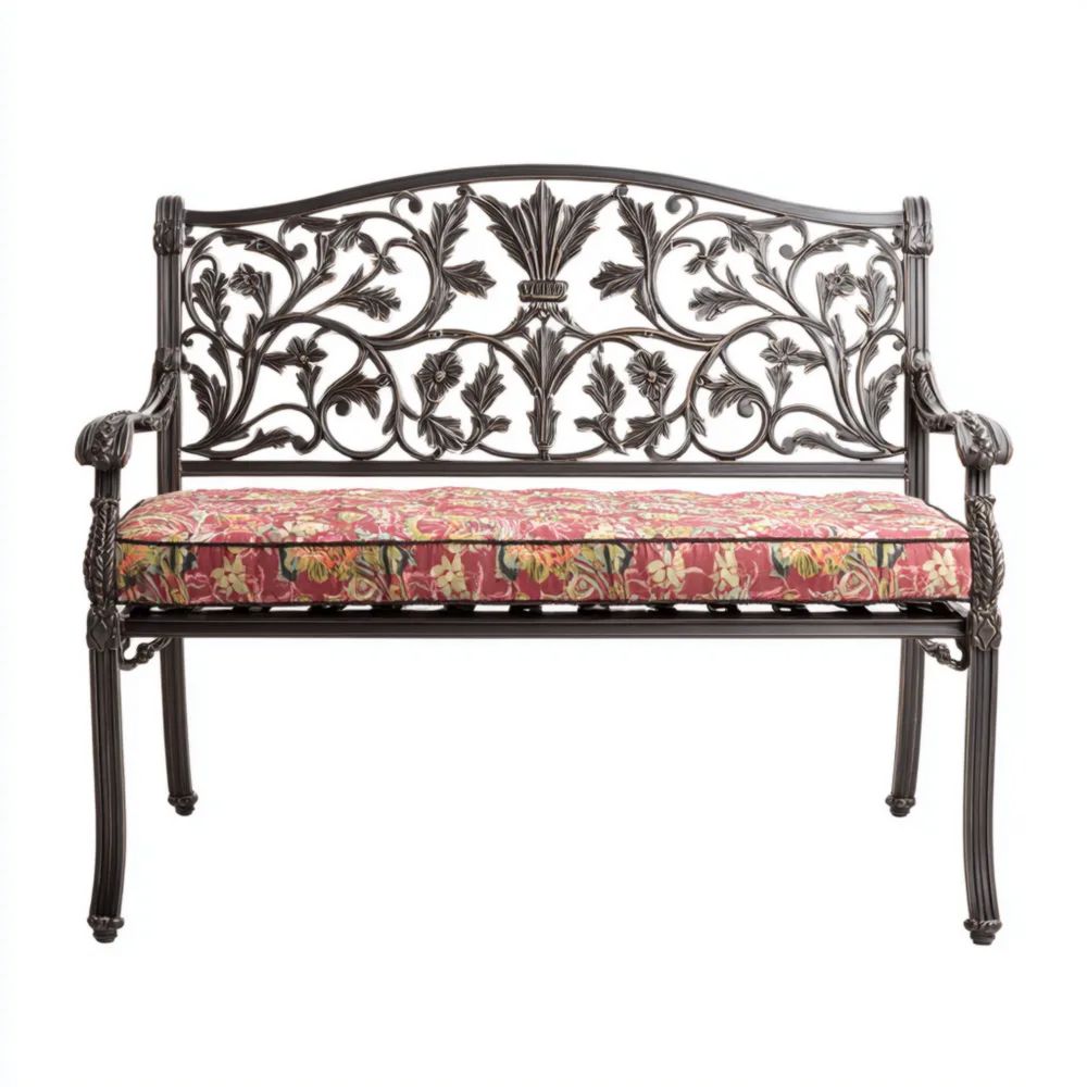 Banc de jardin en fer forgé 2 places 120x58x90 cm – Coussin Rouge à motifs floraux – Design classique