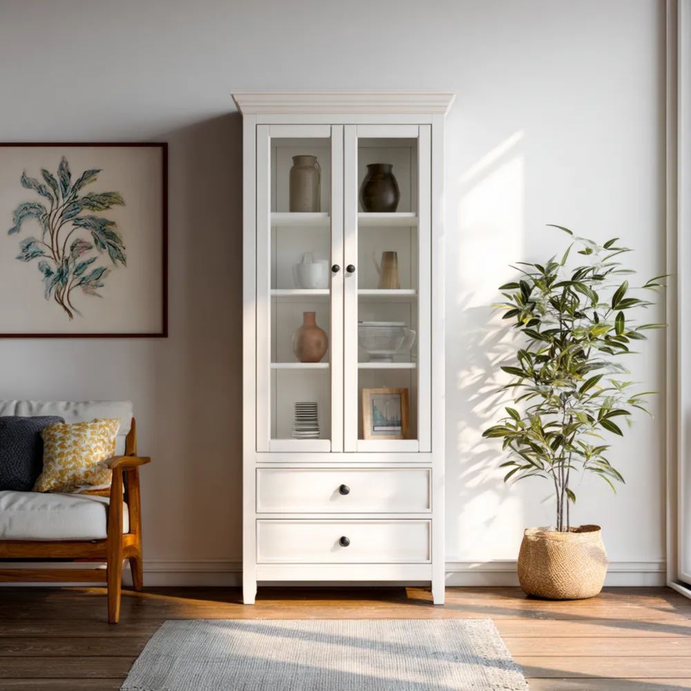 Vitrine en bois 2 portes vitrées – 180x80x40 cm – Blanc – Design classique