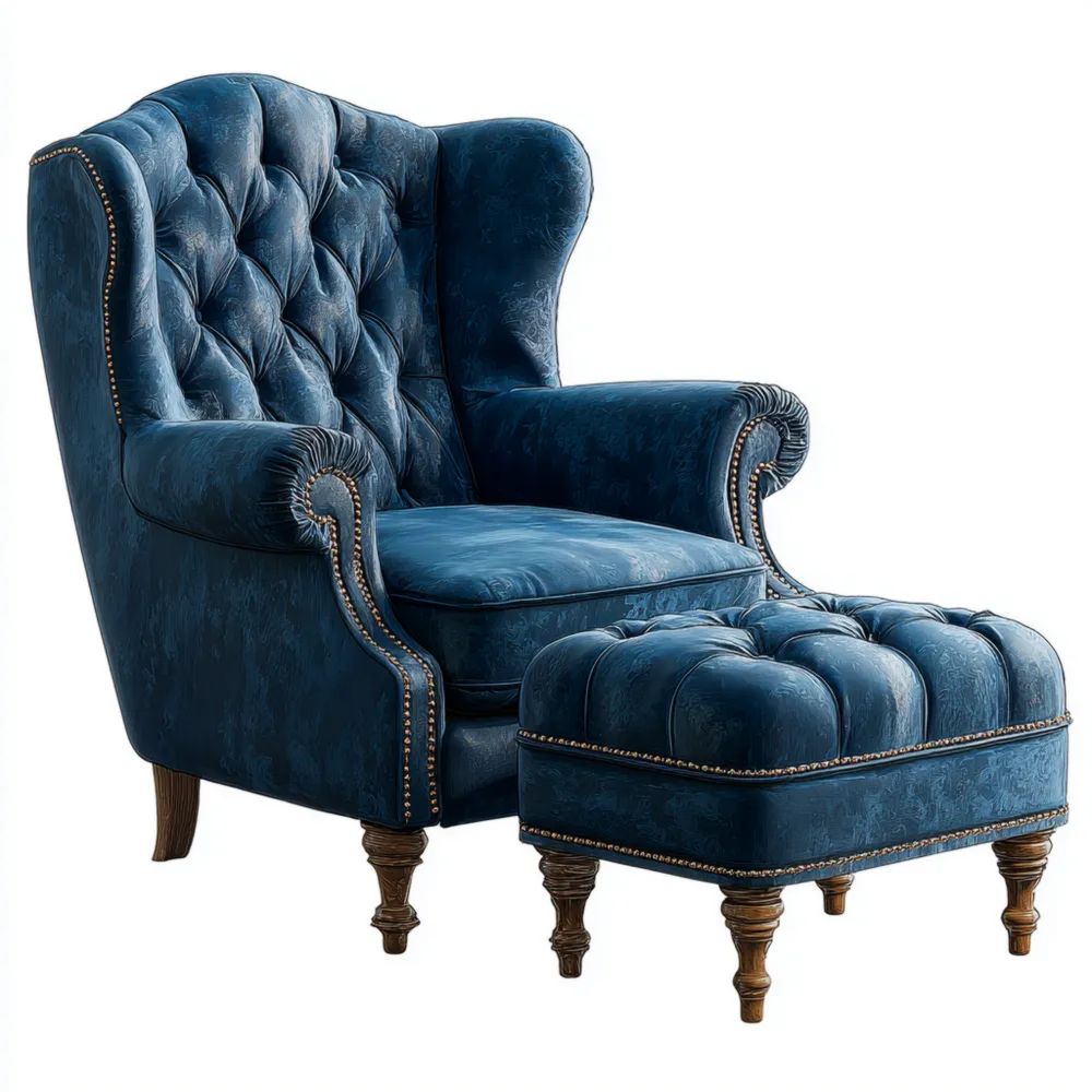 Fauteuil de détente Velours 75x85x105 cm - Bleu - Style Classique avec Repose-pieds 50x40x45 cm