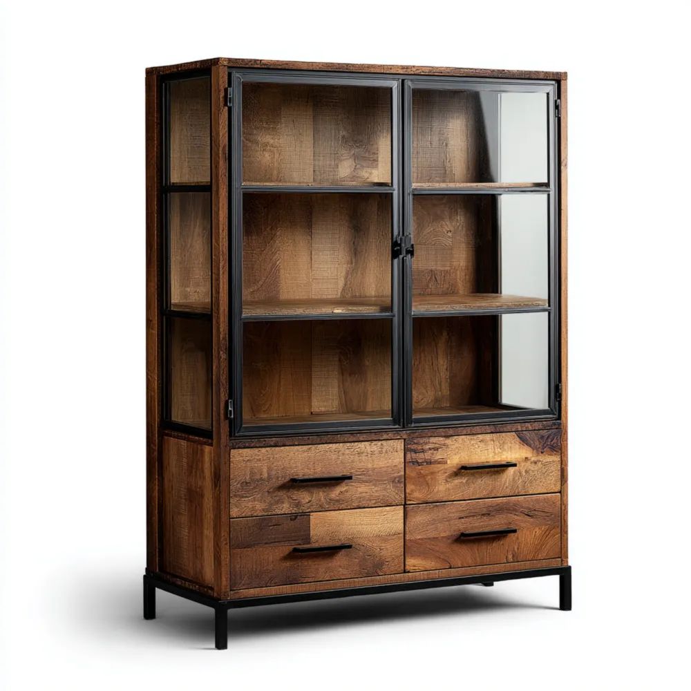 Vitrine en bois de manguier et métal 120x45x200 cm - Marron/Noir - Design industriel