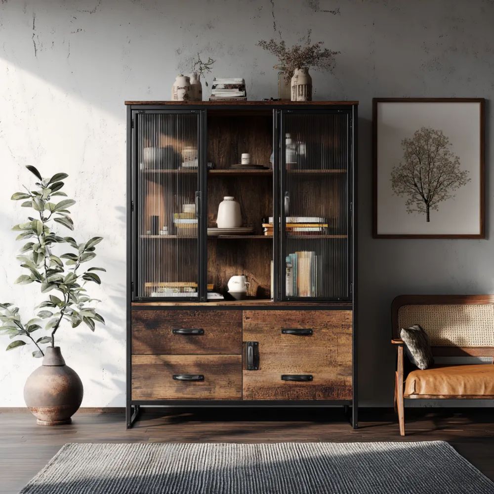 Armoire de rangement en bois et métal - 120x40x180 cm - Brun/Noir - Vintage industriel