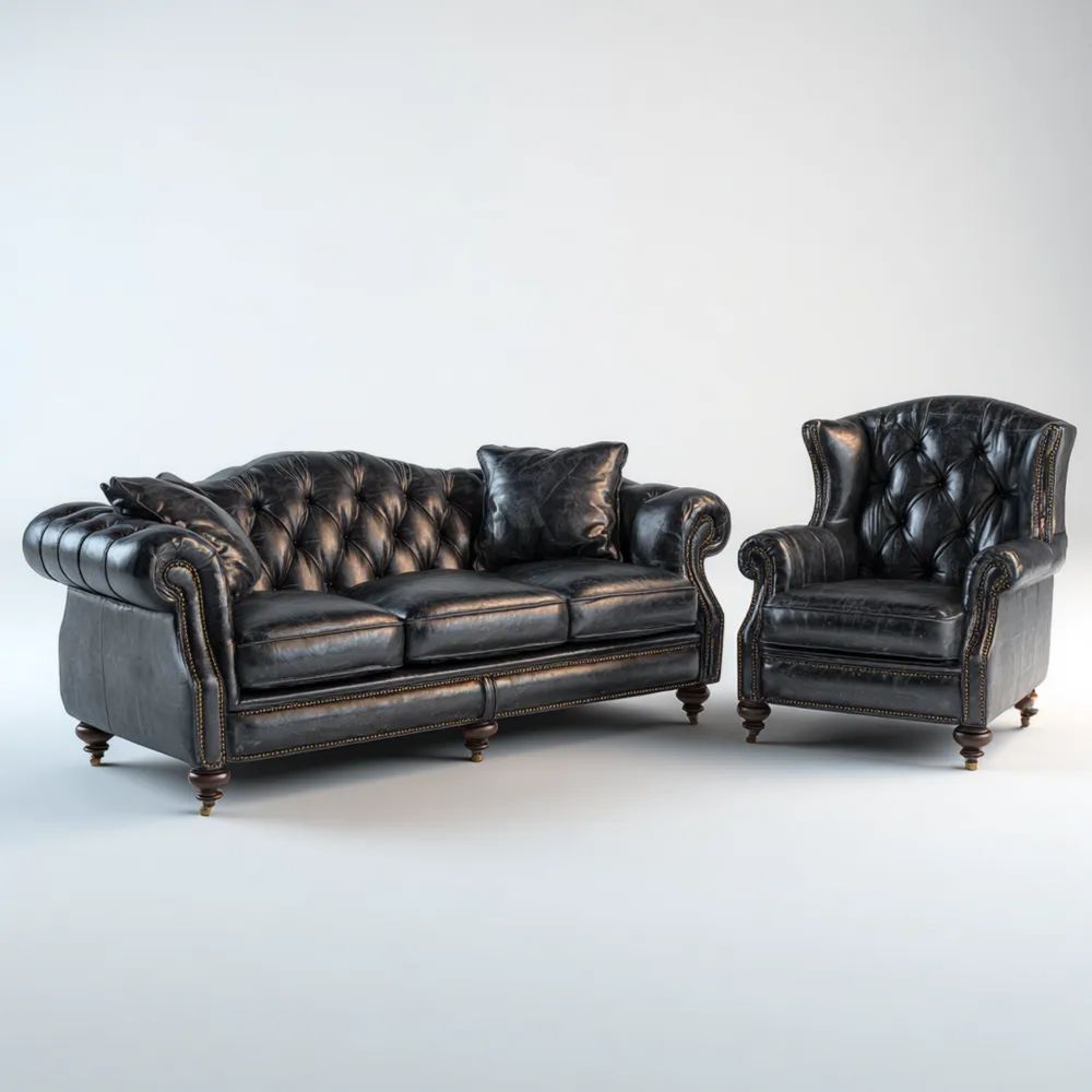 Set di divani in pelle 200x75x85 cm - Nero - Design Classico