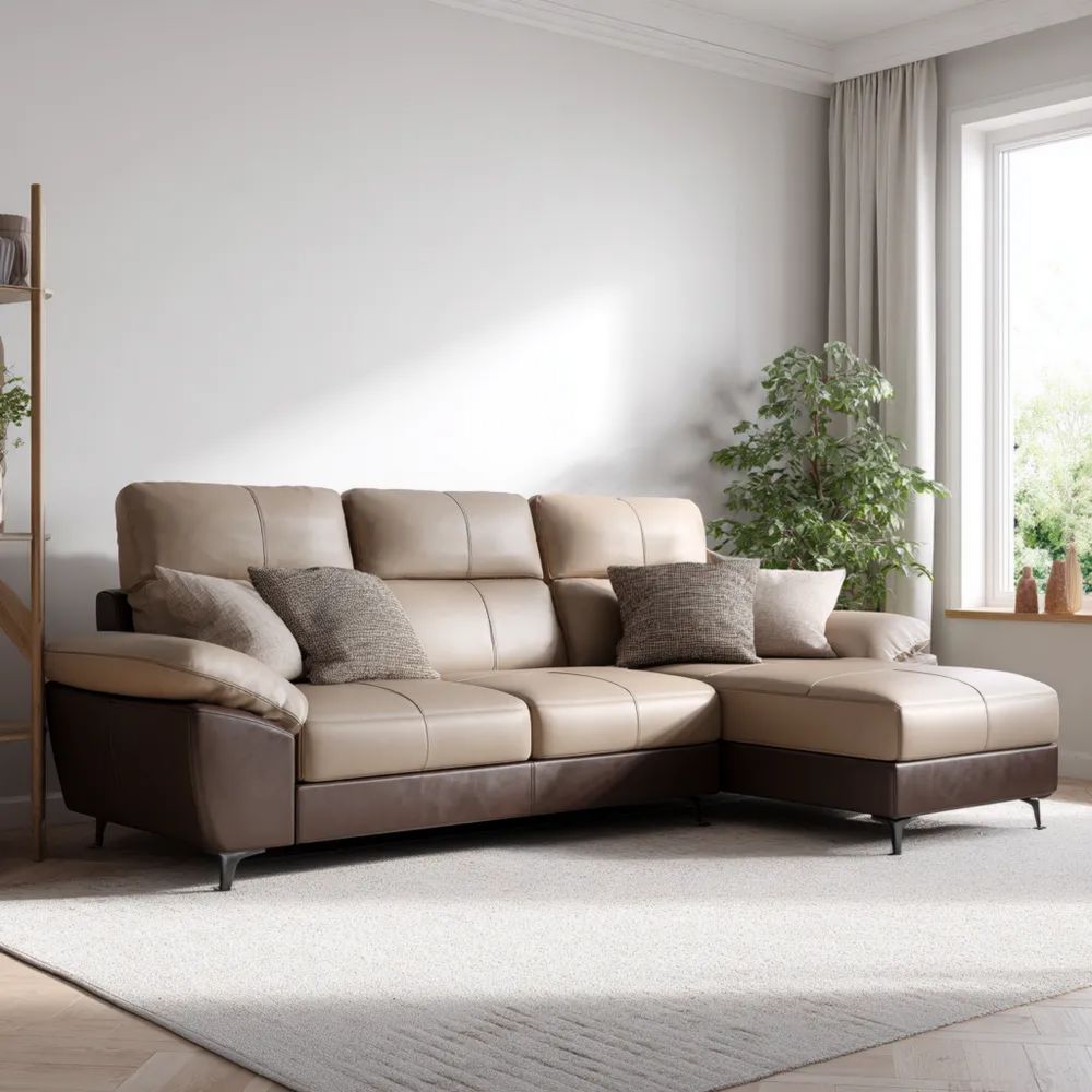 Divano angolare in pelle 260x160x90 cm - Beige/Marrone - Design moderno