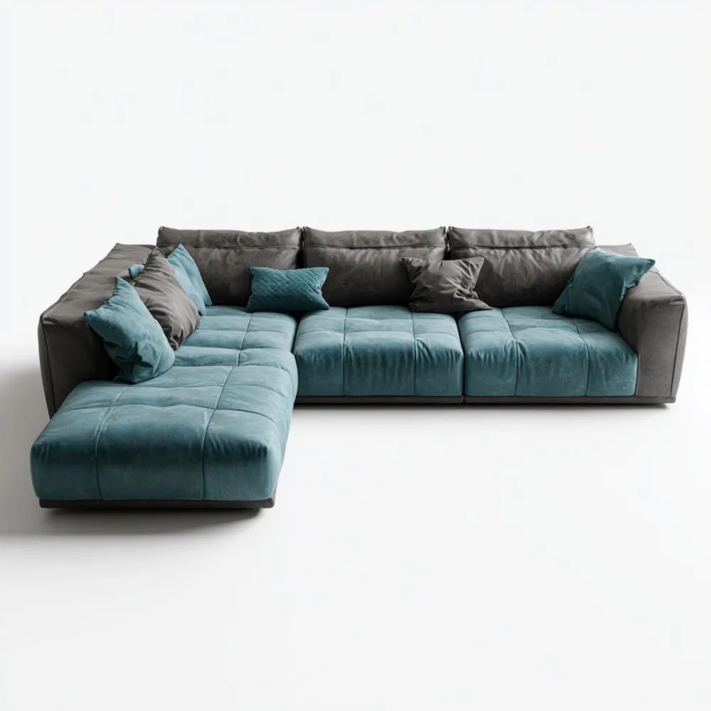 Divano angolare modulare in tessuto 300x230x90 cm – Grigio/Blu