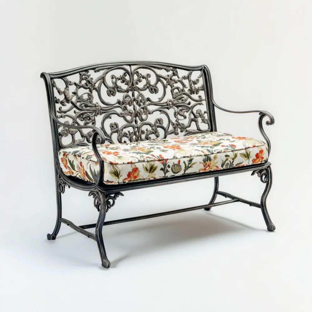 Panca da giardino in ferro battuto con cuscino floreale - 120x45x95 cm - Stile vintage-Relaxlano
