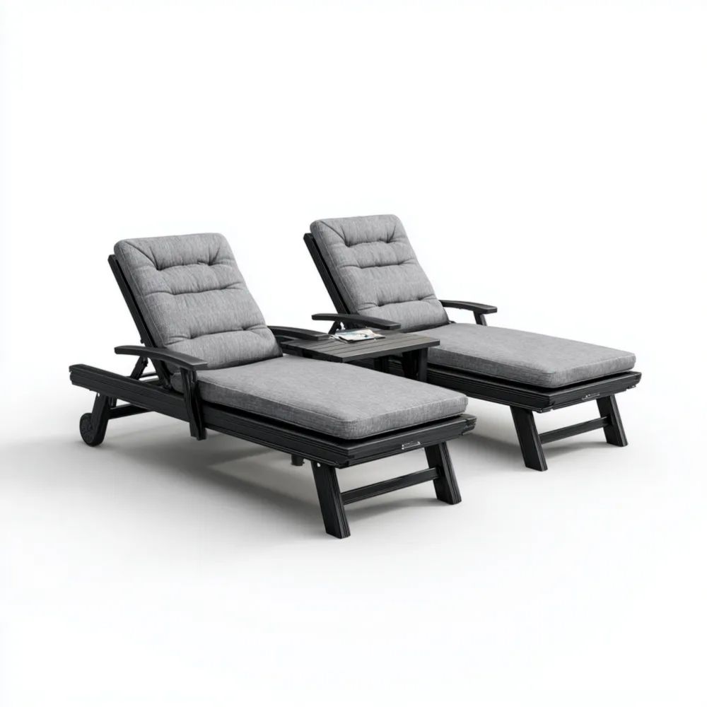 Lettino prendisole doppio in alluminio 200x70x35 cm con tavolino 45x45x45 cm - Grigio-Relaxlano