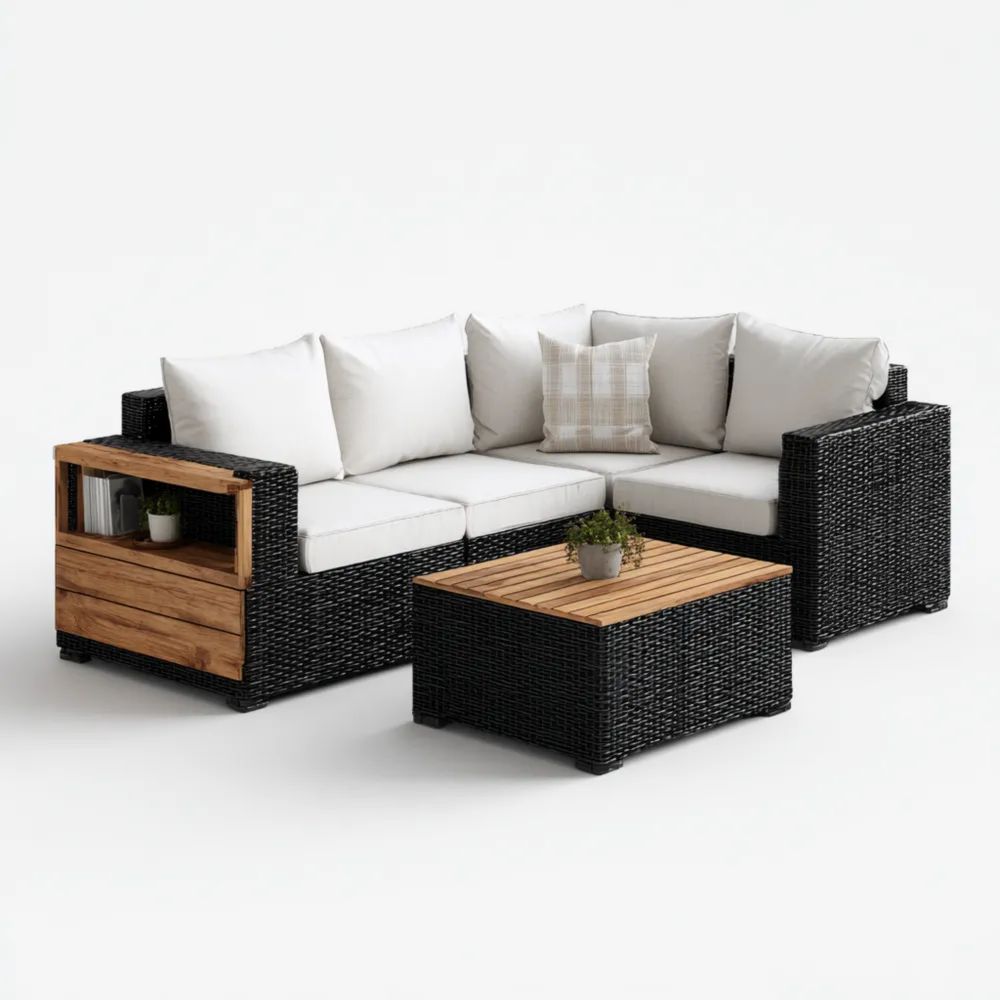 Set di divani da esterno in rattan 220x150x80 cm con tavolino 60x60x35 cm – Nero e Bianco – Design moderno-Relaxlano