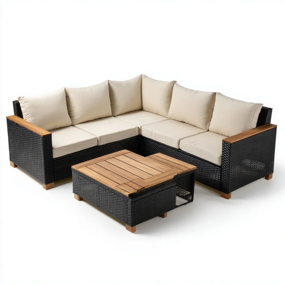 Set di divani da esterno in rattan 210x210x70 cm con tavolino 60x60x35 cm - Nero/Beige - Design moderno-Relaxlano