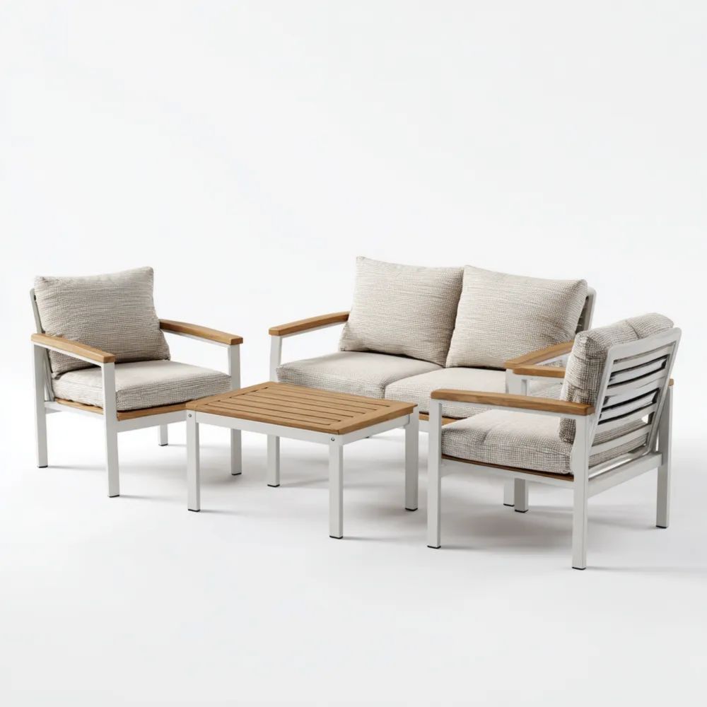 Set di divani da esterno in metallo e legno con cuscini Beige 130x75x85 cm-Relaxlano