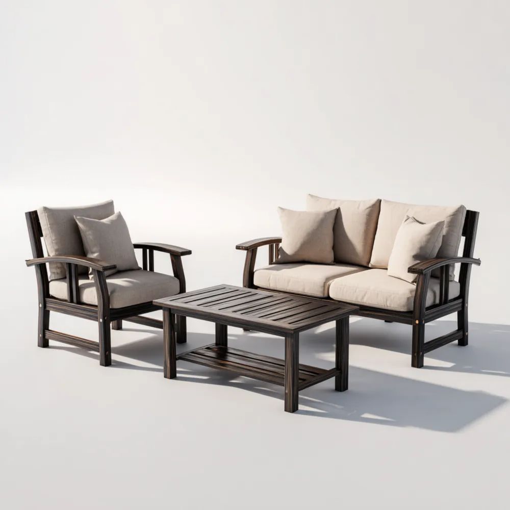 Set di divani da esterno in legno 120x70x75 cm con tavolino 90x50x45 cm – Crema/Marrone scuro – Design classico-Relaxlano