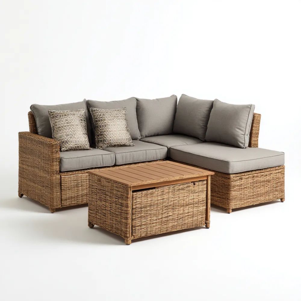Set Divano Angolare da Esterno in Rattan 193x130x72 cm e Cuscini Grigio Naturale-Relaxlano