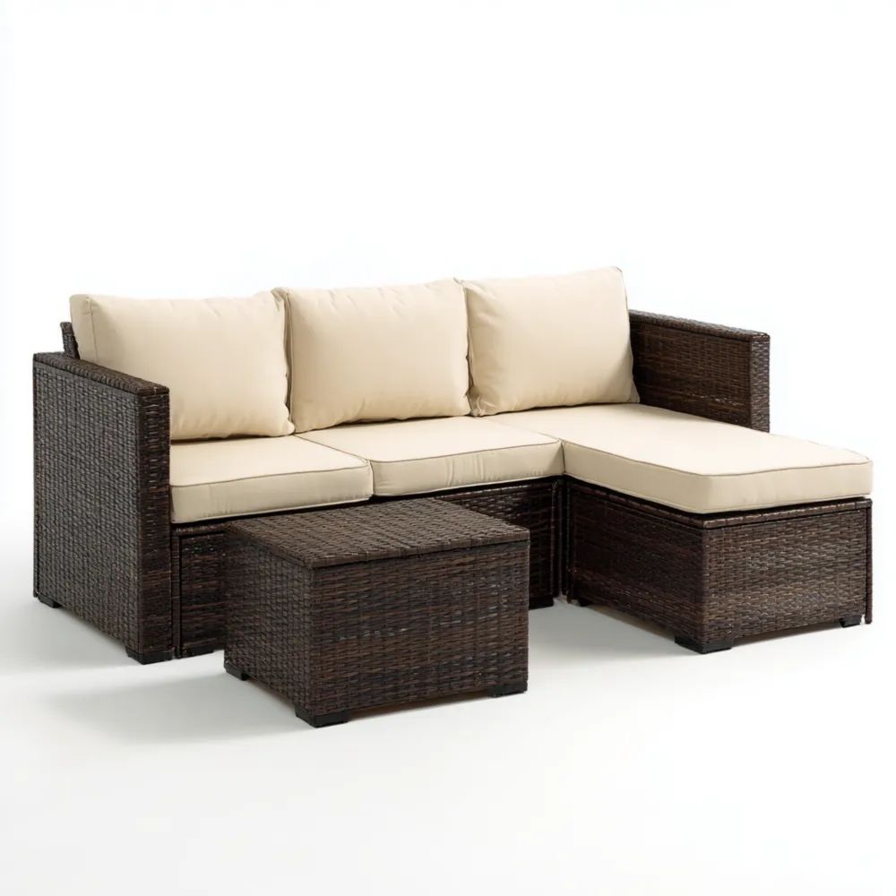 Set di Divani ad Angolo in Rattan Sintetico 4 Pezzi 180x70x64 cm – Marrone/Beige – Per Esterni-Relaxlano