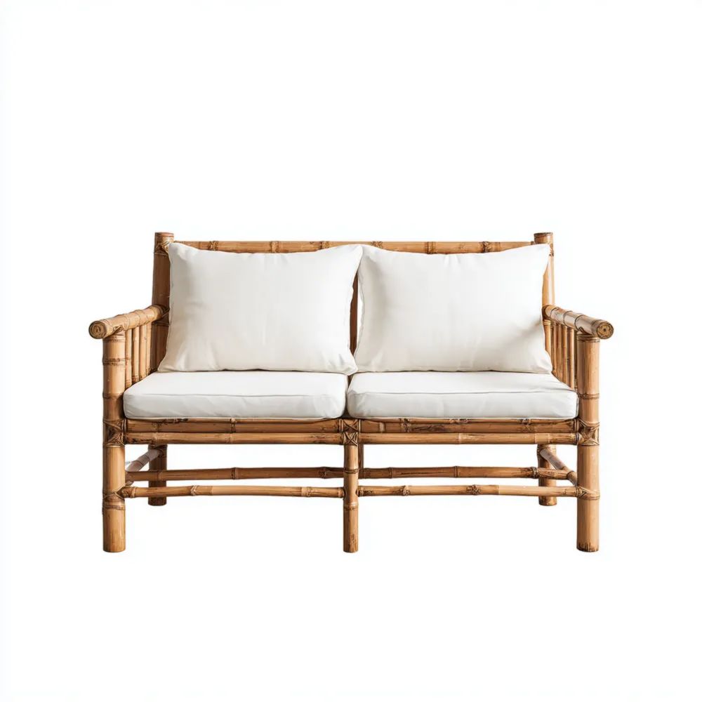 Divano a due posti in bambù 120x70x80 cm - Cuscini Bianco - Design Naturale-Relaxlano