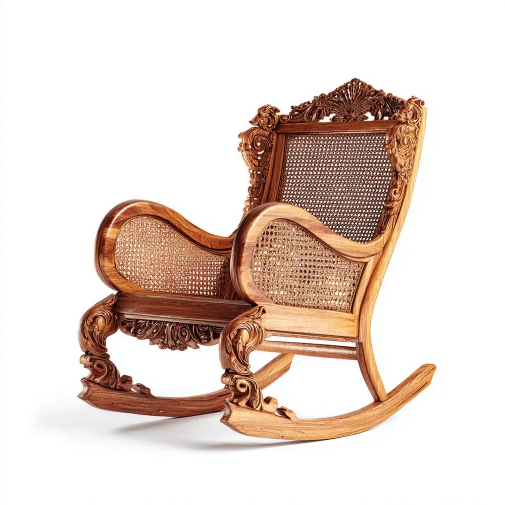 Sedia a dondolo in legno intagliato 60x100x110 cm - Marrone Naturale-Relaxlano