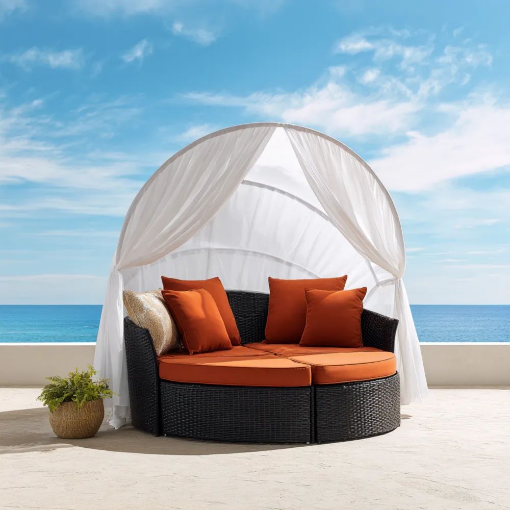 Lettino prendisole con tettuccio in rattan intrecciato 180x200x150 cm – Arancione/Nero – Design moderno-Relaxlano