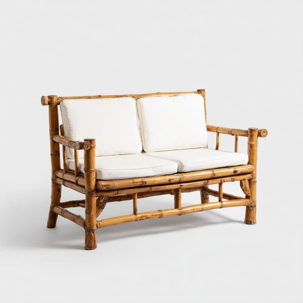 Divano a due posti in bambù 120x70x75 cm - Cuscini Bianchi - Stile Naturale