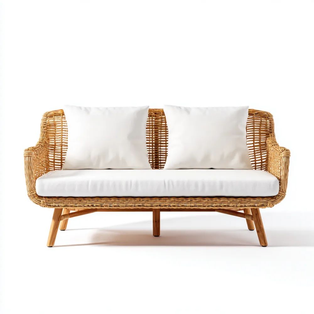 Divano a due posti in rattan intrecciato 140x70x80 cm design moderno per esterni - Cuscini Bianchi