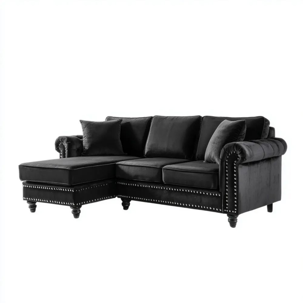 Divano angolare in velluto 250x150x85 cm - Nero - Design classico