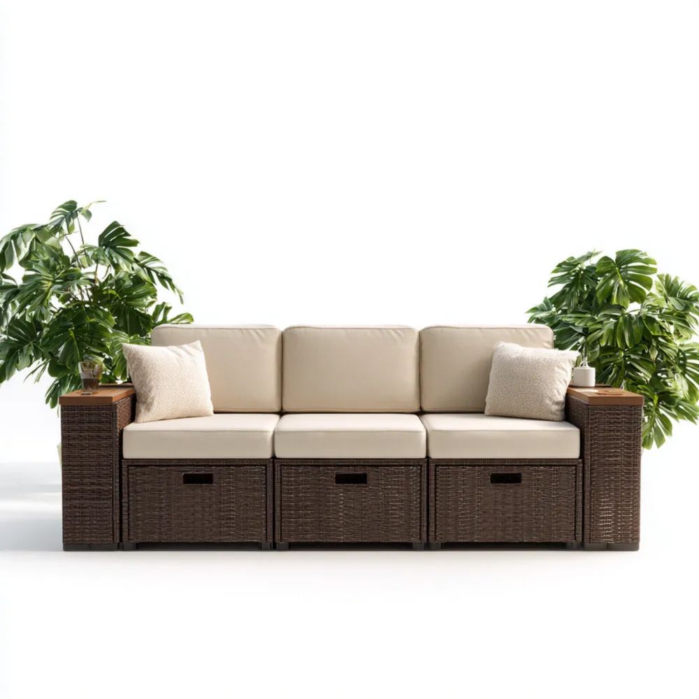 Divano a tre posti in rattan 215x80x70 cm – Beige – Design moderno per esterni